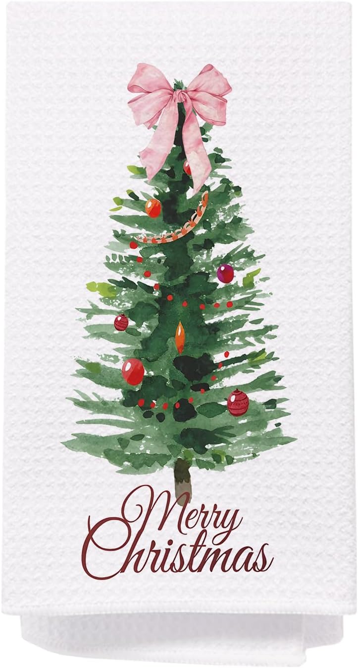 SPBL&L Coquette Pink Bow Christmas Tree Hand Towels, Bathroom & Kitchen Decor, 16x24 Inch - Image 1